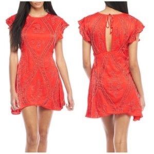 Free People Red Sheath Mini Dress with Beading Detail & Flutter Sleeves. Size Sm